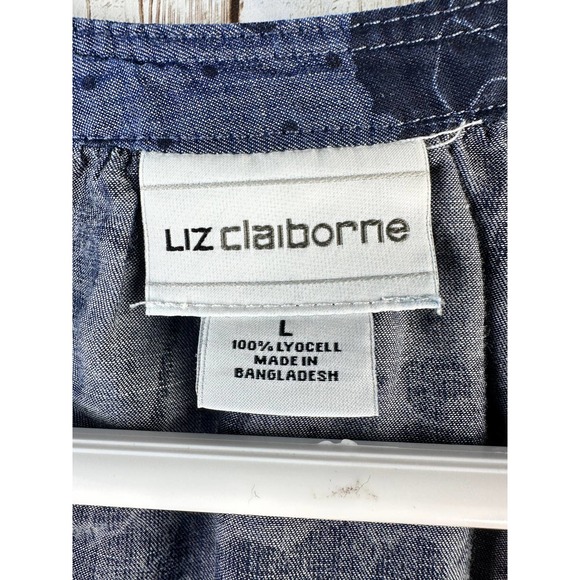 Liz Claiborne Womens Top Sz L Blue Floral Pin Dots Long Sleeves Tie Cuffs V Neck - Picture 5 of 8